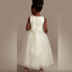 David’s Bridal Ivory Satin Flower Girl Dress with Tulle Skirt